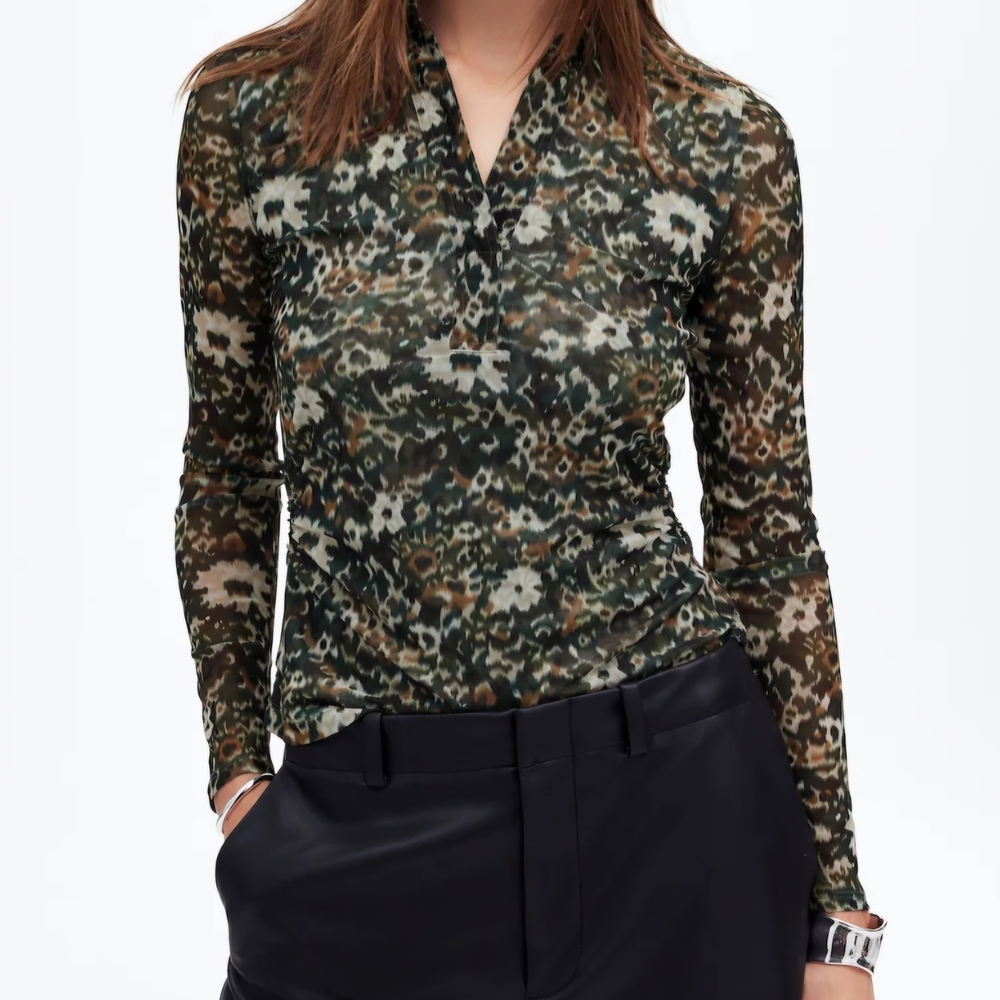 Madewell Black and Green Fitted Polo Blouse